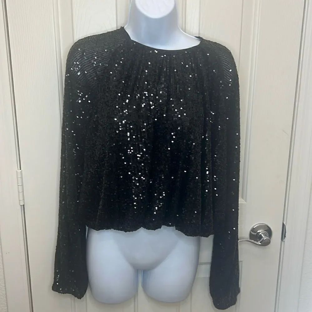 H & M Black Sequins Sparkle Top Scoop Neck Long Sleeve Elastic & Waist Size XL